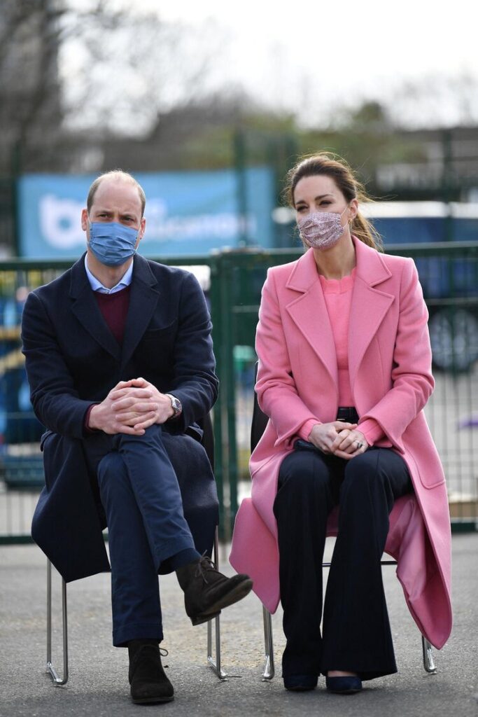 Britain’s Prince William, Duke of Cambridge  and Britain’s Catherine, Duchess of Cambridge listen during a discussion with teachers and mental health professionals at a visit to School21 following its re-opening after the easing of coronavirus lockdown restrictions in east London on March 11, 2021. – The visit coincides with the roll-out of Mentally Healthy Schools resources for secondary schools and how this is helping put mental health at the heart of their schools curriculum. (Photo by JUSTIN TALLIS / various sources / AFP) (Photo by JUSTIN TALLIS/AFP via Getty Images)