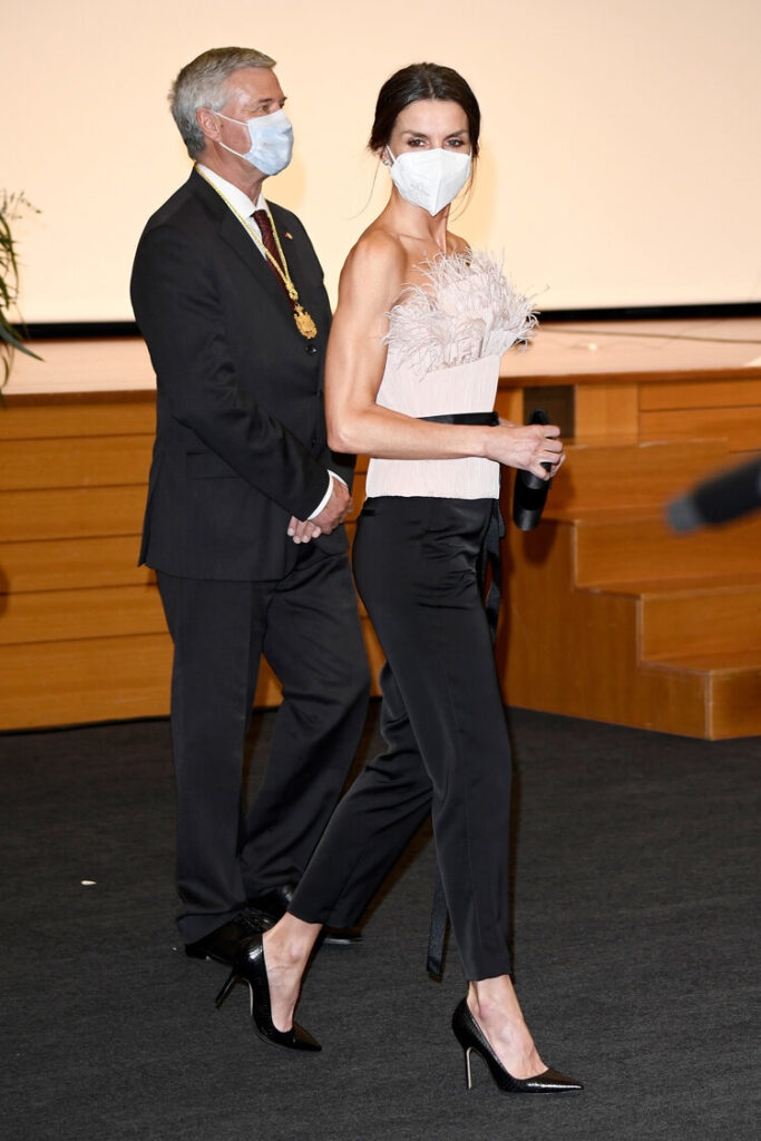 Queen Letizia of Spain and Patrick Strzoda, representative of the French President,  arrive at an official dinner at Andorra Park Hotel on March 25, 2021 in Andorra la Vella, Andorra. The two day trip marks the first visit to Andorra since King Felipe’s enthronement and is also the first foreign trip since the begin of the Coronavirus pandemic. (Photo by Carlos Alvarez/Getty Images)