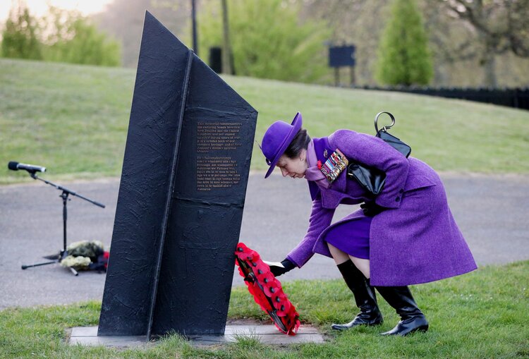 The Princess Royal lays a wreath during a Dawn Service at the New Zealand war memorial, Wellington Arch, London, to commemorate Anzac Day. Picture date: Sunday April 25, 2021.
