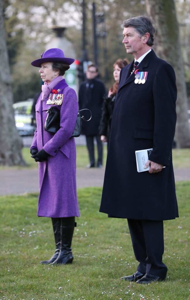 The Princess Royal (left) alongside Vice Admiral Sir Tim Laurence (right) attends a Dawn Service at the New Zealand war memorial, Wellington Arch, London, to commemorate Anzac Day. Picture date: Sunday April 25, 2021.