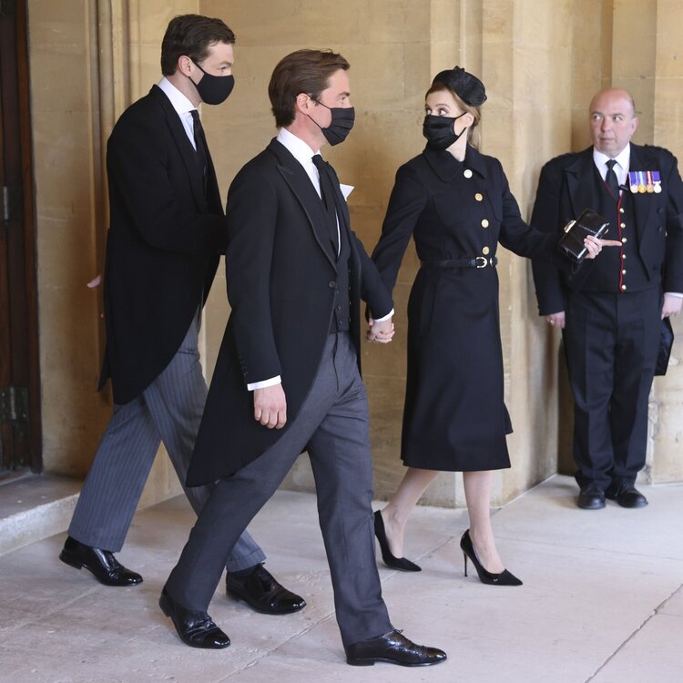 Princess Beatrice arriving The funeral of Prince Philip, Duke of Edinburgh, Guard Room Roof, Windsor Castle, Berkshire