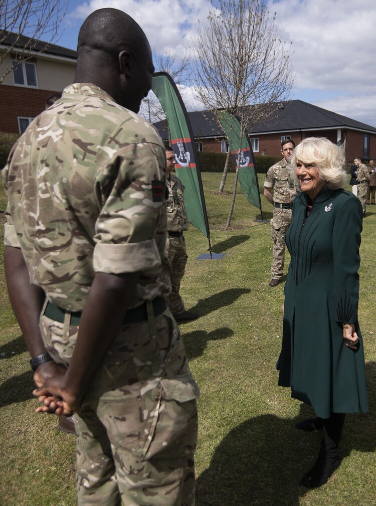 The Duchess of Cornwall during her first visit to 5th Battalion The Rifles, following her new appointment as Colonel-in-Chief, at Bulford Station in Wiltshire. Picture date: Friday May 7, 2021.