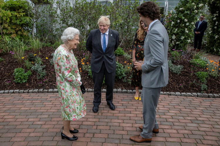Britain’s Queen Elizabeth, Canada’s Prime Minister Justin Trudeau and Britain’s Prime Minister Boris Johnson attend a drinks reception on the sidelines of the G7 summit, at the Eden Project in Cornwall, Britain June 11, 2021