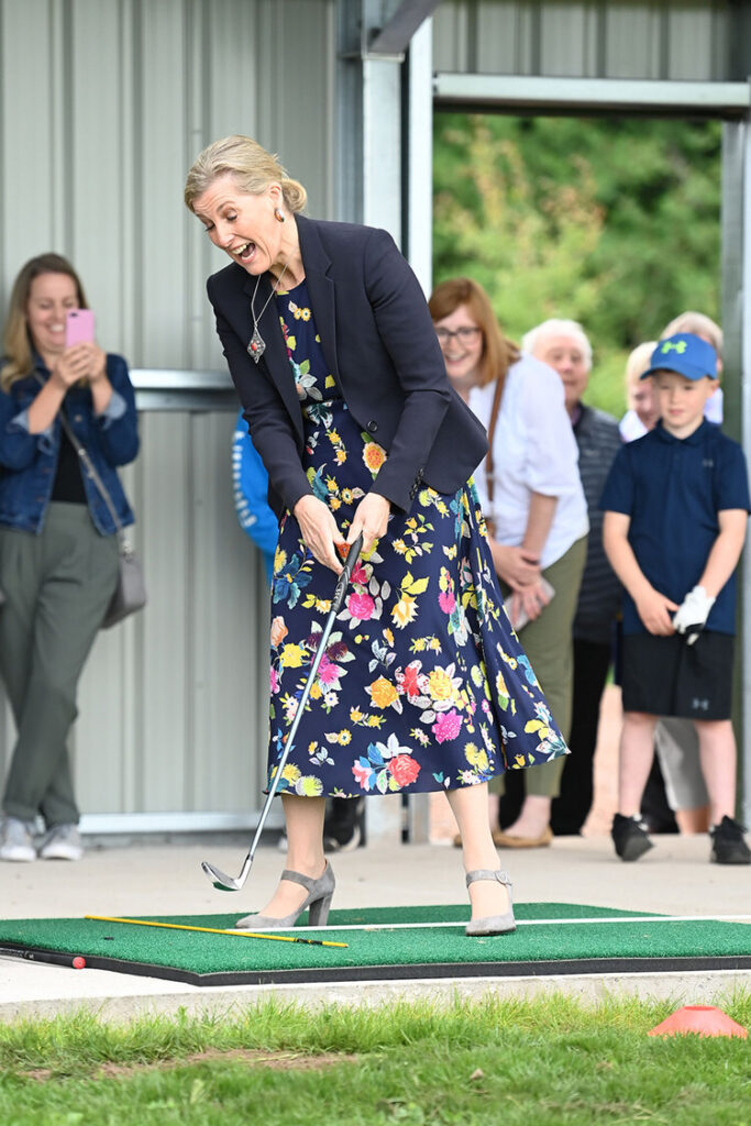 FORFAR, SCOTLAND – JUNE 28:  Sophie, Countess of Wessex visits Forfar Golf Club to mark the 150th anniversary of the club on June 28, 2021 in Forfar, Scotland.