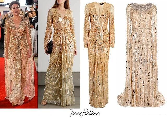 Vestido estilo capa con adornos dorados de Jenny Packham