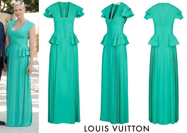 Princess Charlene wore Louis Vuitton Green Long Pleated Evening Dress www.newmyroyals.com