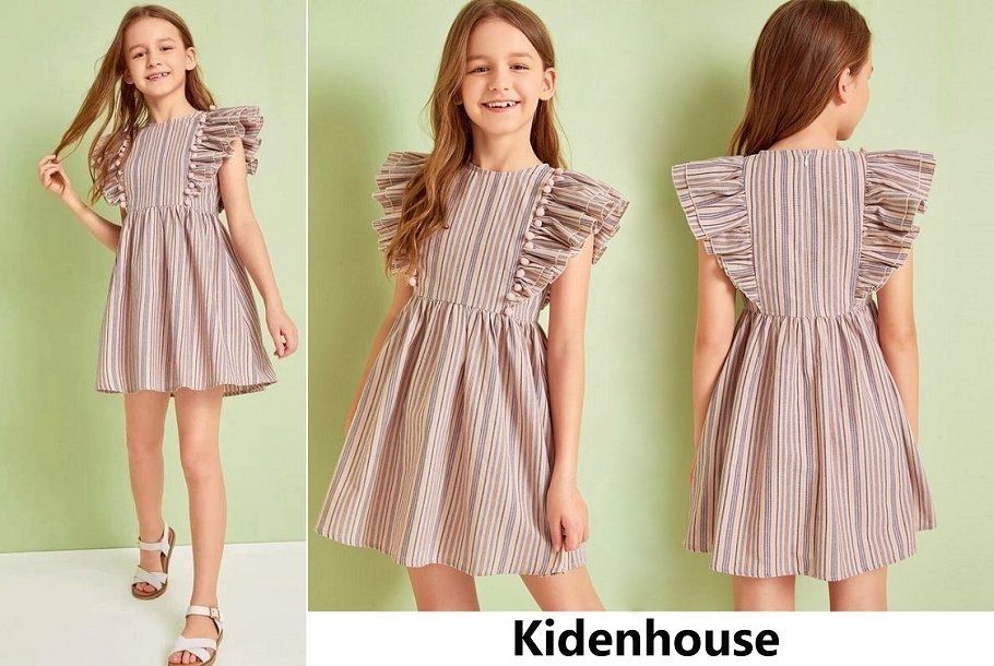 Kidenhouse Vestido de rayas con manga de mariposa en capas y detalle de pompones para niñas
