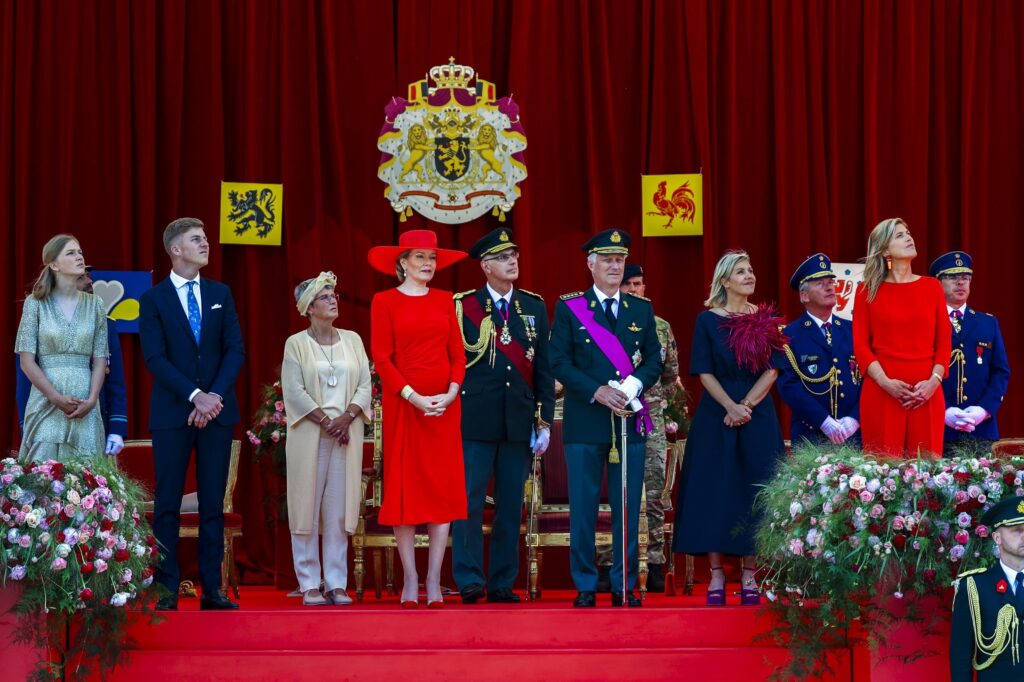 BRUSSELS, BELGIUM – JULY 21 :  Queen Mathilde of Belgium, King Philippe of Belgium, Princess Eleonore of Belgium, Prince Emmanuel of Belgium pictured during the military parade for the Belgian National Day on July 21, 2023 in Brussels, Belgium, 21/07/2023 ( Photo by Xavier Piron / Photonews