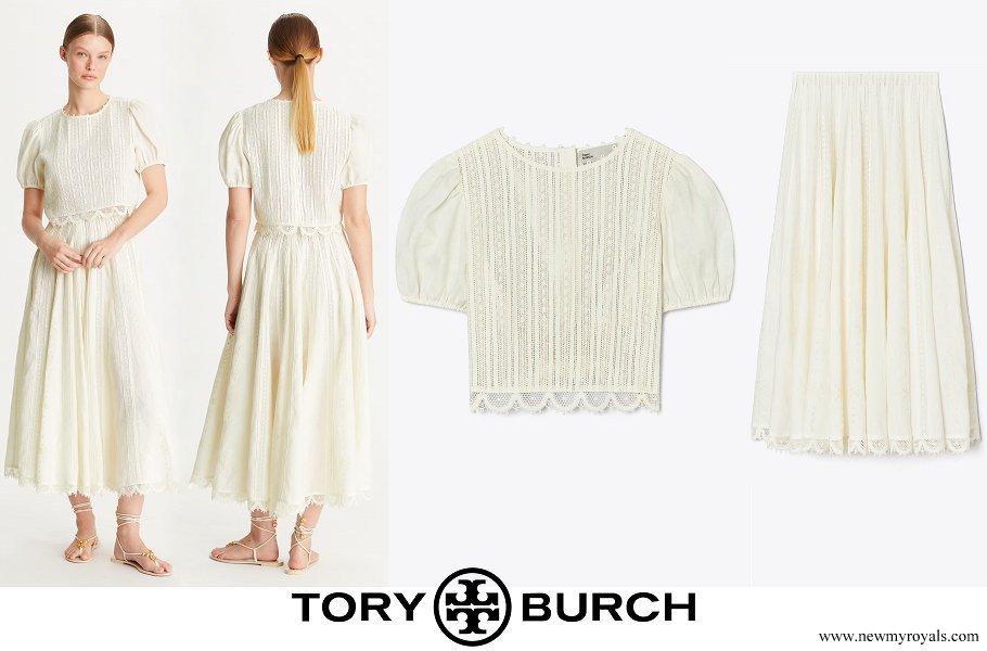 Queen Maxima wore Tory Burch Linen Lace Cropped Blouse and Lace Skirt. www.newmyroyals.com