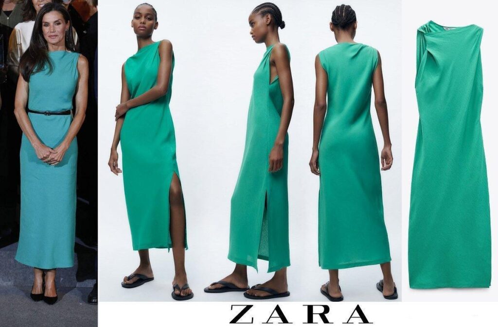 Zara Vestido midi fruncido de lino y viscosa sin mangas