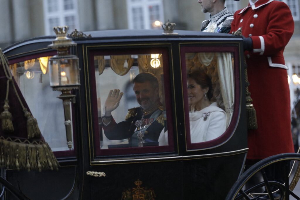 COPENHAGEN, DENMARK – JANUARY 14: King Frederik X and Queen Mary of Denmark arrive at Amalienborg after being proclaimed as King and Queen Denmark on January 14, 2024 in Copenhagen, Denmark. Her Majesty Queen Margrethe II steps down as Queen of Denmark and and entrusts the Danish throne to His Royal Highness The Crown Prince, who becomes His Majesty King Frederik X and Head of State of Denmark. (Photo by Martin Sylvest Andersen/Getty Images)