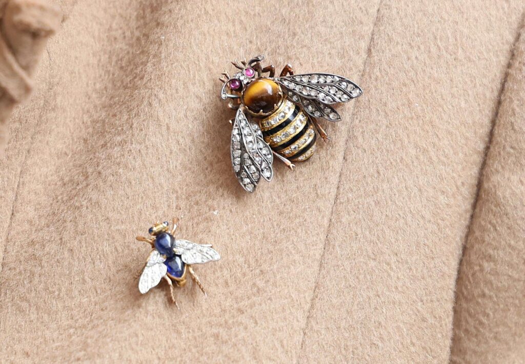 La reina Camilla usa broches de insectos que consisten en una mosca y una abeja durante su visita al mercado de agricultores el 27 de marzo de 2024 en Shrewsbury, Inglaterra. La reina Camilla visita Shrewsbury, Reino Unido – 27 de marzo de 2024