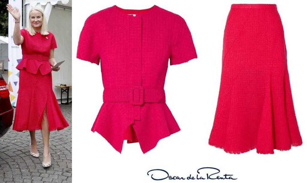 Crown Princess Mette-Marit wore OSCAR DE LA RENTA Belted wool blend tweed peplum jacket and Frayed wool blend tweed midi skirt. www.newmyroyals.com