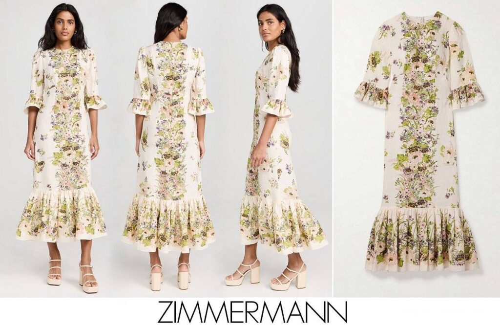 Vestido midi de lino con estampado floral y volantes Halliday de Zimmermann