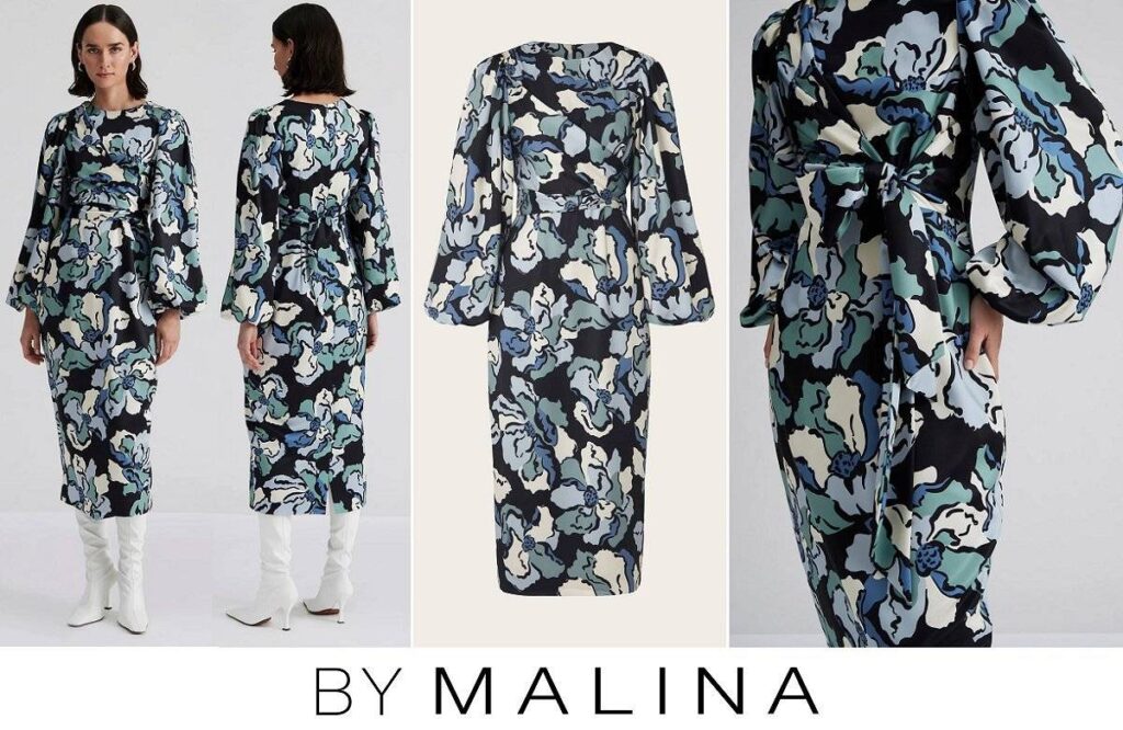 Vestido midi de satén con estampado floral de Malina Serina