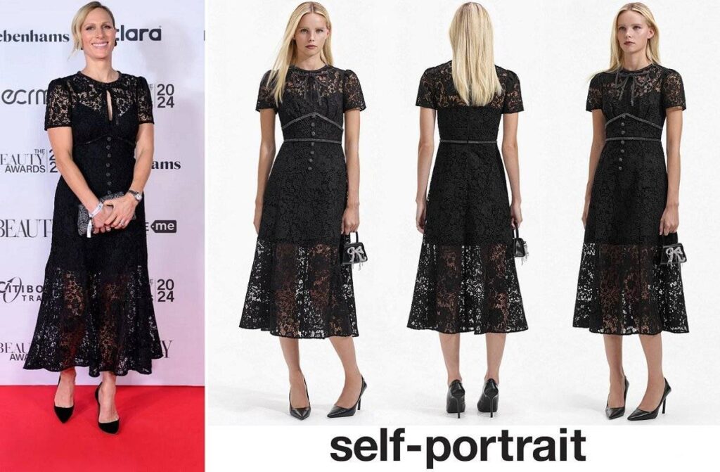 Zara Tindall wore Self Portrait Black Black Cord Lace Bow Midi Dress. www.newmyroyals.com