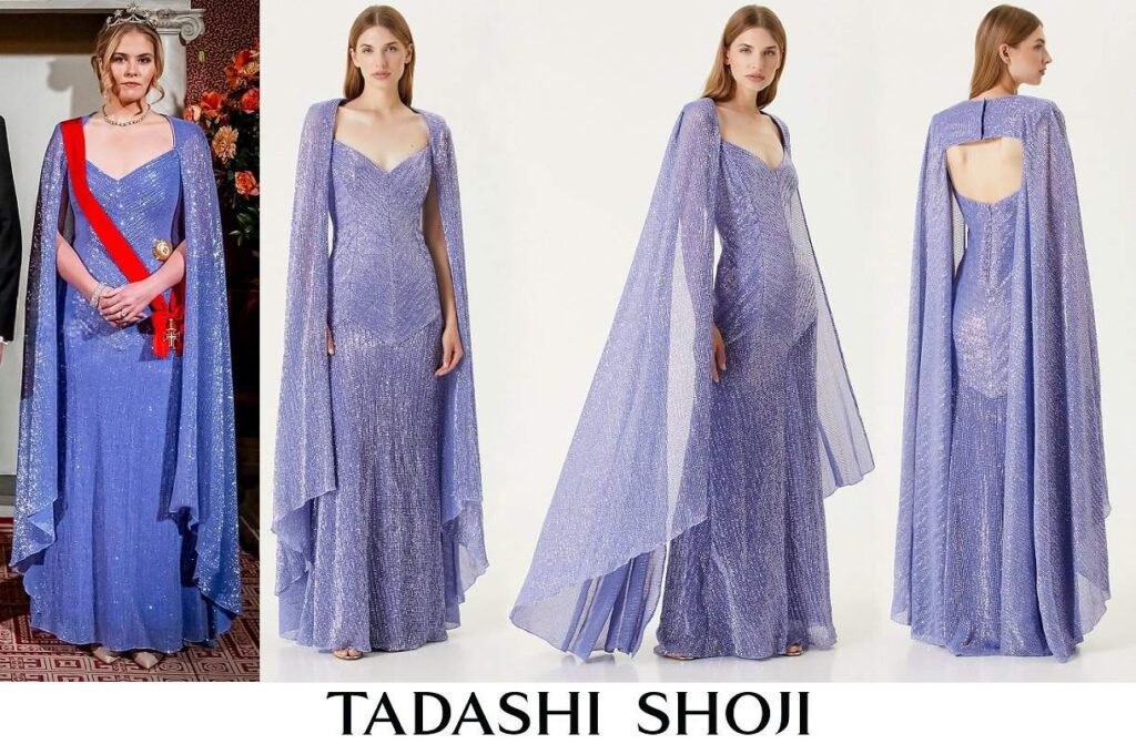 Vestido de noche largo con bordados en lila Isilay de Tadashi Shoji